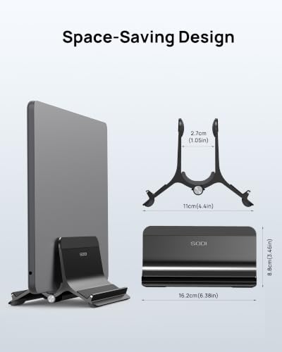 SODI Vertical Laptop Stand Holder for Desk Compatible with MacBook Air, MacBook Pro Stand Vertical Aluminum Up to 17 inch, Gravity Auto-Lock Cooling, 3-in-1 Space Saving Desk Organizer Accessories - color: Black