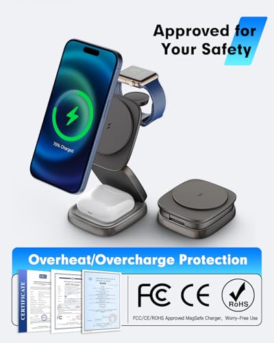 3-in-1 Magnetic Wireless Charging Station for Apple Devices - 15W Fast Charge with 30W Adapter, Foldable Aluminum Travel Dock for iPhone 17/16/15/14/13/12 Series, iWatch, AirPods