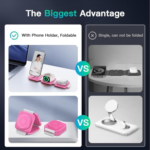 Travel Essentials for Apple Watch Charger,3 in 1 Charging Station for Apple Devices,Foldable Wireless Charging Station for iPhone 17/16/15/14/13/12, Apple Watch & AirPods with Magsafe Charger Stand - color: Pink