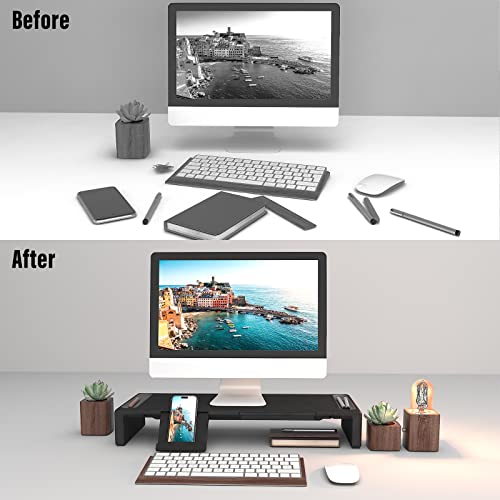 Adjustable Monitor Riser with Drawer & Phone Holder, Foldable Desk Stand - color: Black-Basic
