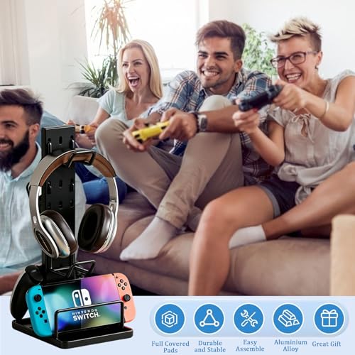 Headphone Stand with Controller Holder for Desk, Detachable Gaming Headset Organizer with Adjustable Hooks, Vertical Earphone Hanger for Game Controller, Phone, Desktop Accessories