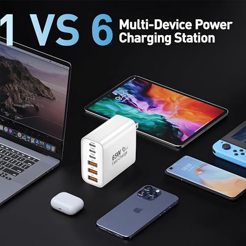 USB C Charger Block,65W 6-Port Multi Device Fast Charger PD QC Wall Adapter - color: White, size: 65w