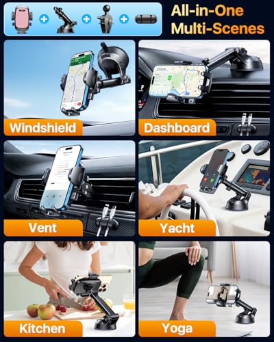 YRU【True Military-Grade Safety & Patent Certs 360°Rotation Car Phone Holder【100+LBS Strong Suction & Clip】 Windshield Dash Vent Cell Phone Mount Cradle for iPhone17 16 Pro Max Truck Samsung, Pink - color: Pink