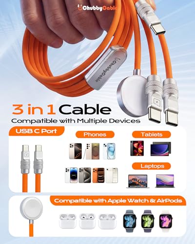 chubbycable 3 in 1 Silicone USB C Cable for Apple Watch, Dark Blue, 4.1FT - color: Dark Blue