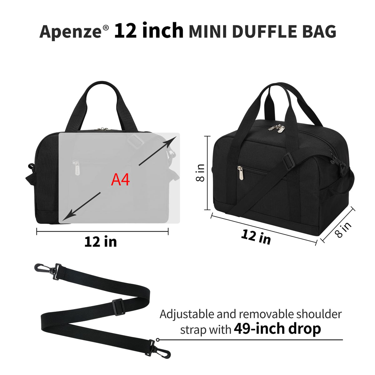 Apenze Small Gym Bag Carry On Bag - 12 in Mini Duffle Bag Lightweight for Overnight Travel(Black)