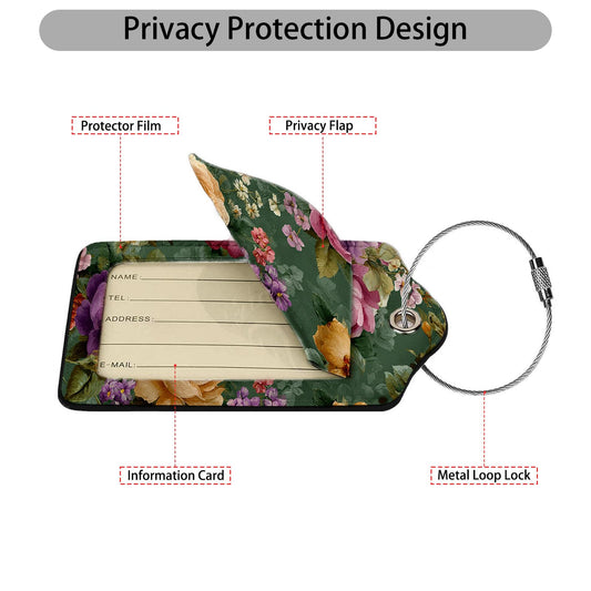 Vintage Beautiful Floral 3 Pack Luggage Tags, PU Leather Luggage Tags for Suitcase,Name ID Labels with Privacy Cover Suitcases and Metal Loop for Travel Bag Suitcase