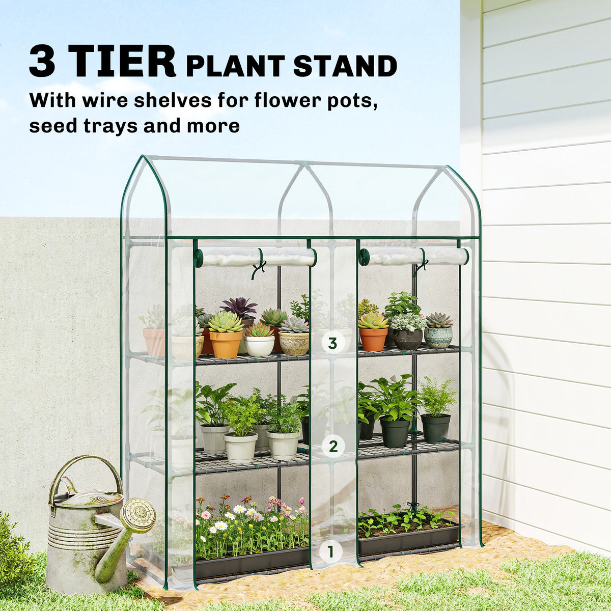 3 Tier Mini Greenhouse, Small Portable Greenhouse with 2 Roll-up Doors, 56.3" x 18.1" x 65", Clear