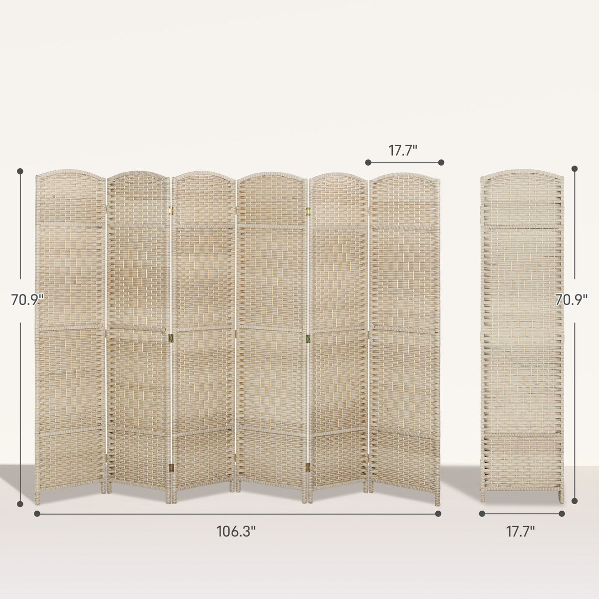 Folding Room Divider Screen 6 Panel 6' Tall Privacy Screen Freestanding Wood Partition for Home Office, Washed Oak