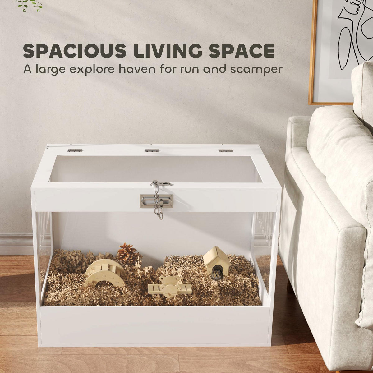 Hamster Cage with Openable Top & Lock, Hut, Transparent Acrylic Panels, Accessories, for Dwarf Hamster Gerbil, White