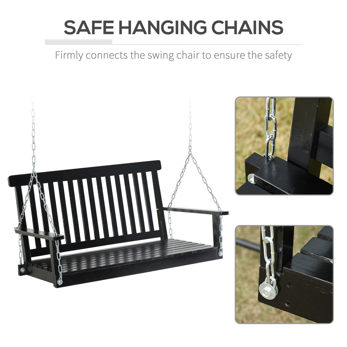 2-Seater Hanging Porch Swing Outdoor Patio Swing Chair Seat with Slatted Build and Chains, 440lbs Weight Capacity, Black