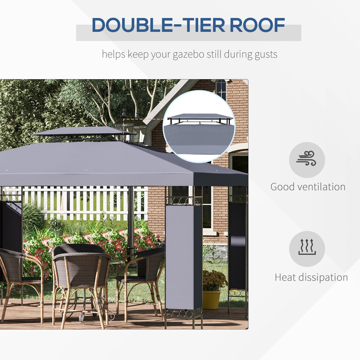 9.6' x 13' Patio Gazebo, Double Roof Outdoor Gazebo Canopy Shelter with Screen Decorate Corner Frame, for Garden, Lawn, Backyard and Deck, Gray