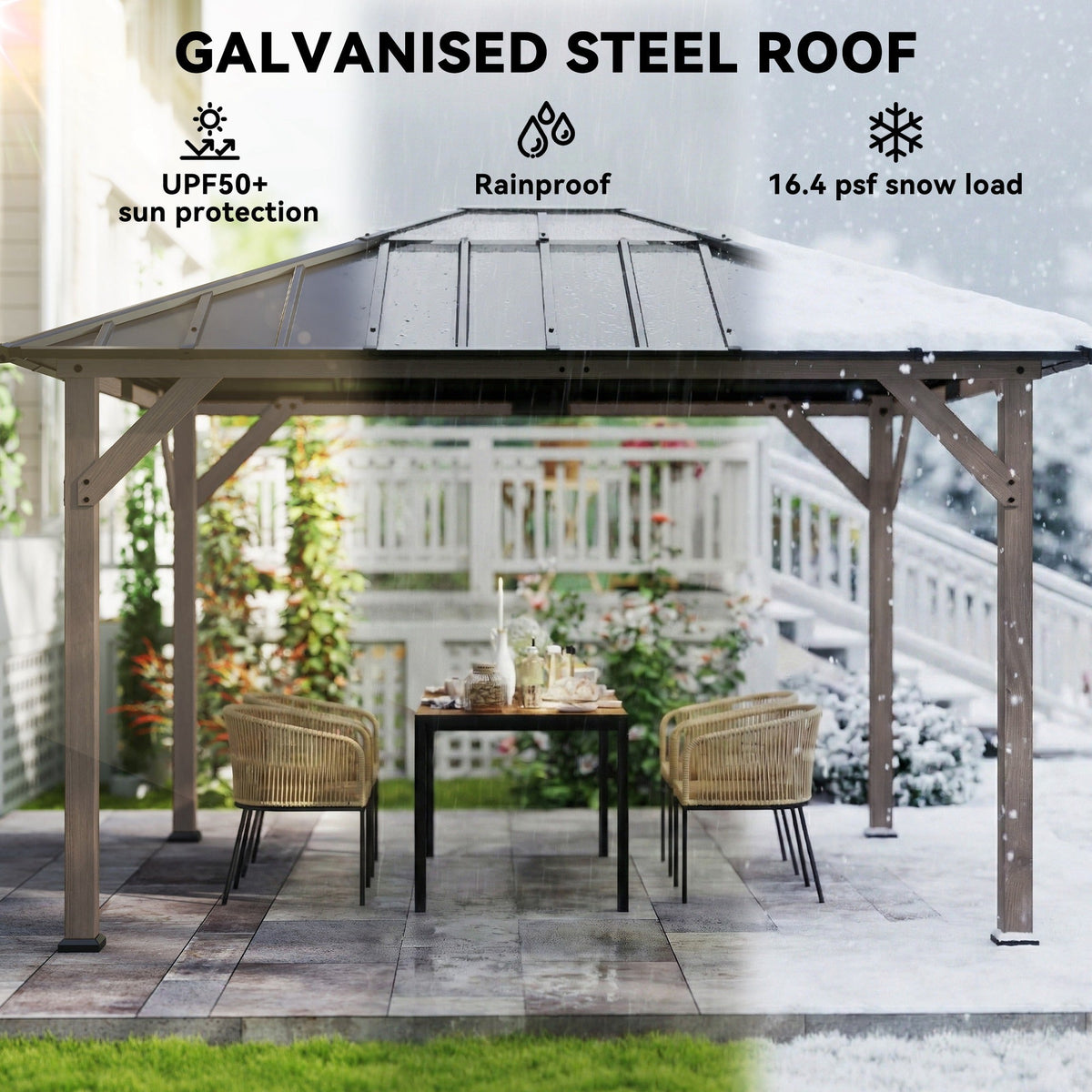 10' x 12' Hardtop Gazebo with Galvanized Steel Roof, UPF50+ Wood Permanent Pavilion with Clear Roof Top, Light Walnut