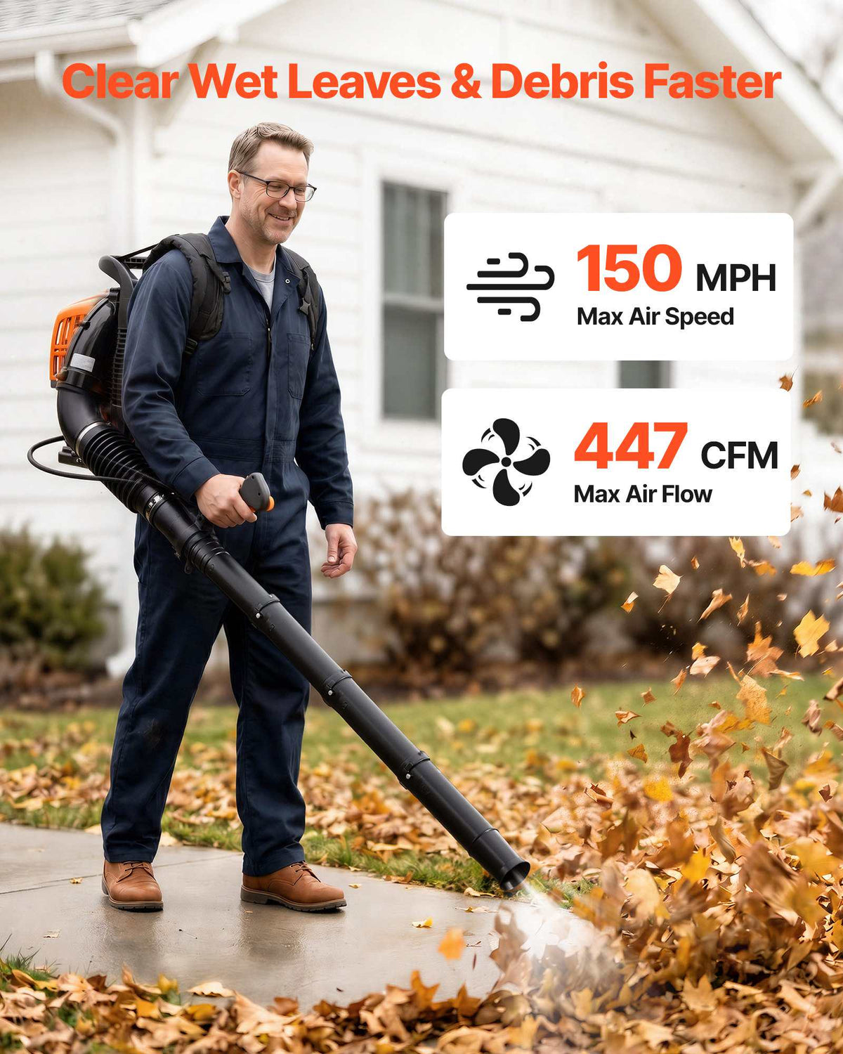 Backpack Leaf Blower, 43CC 2-Stroke Engine Gas Powered Leaf Blower with 1.38L Fuel Tank, 447 CFM Air Volume, 150 MPH Air Speed, Ideal for Lawn Care, Leaves Cleaning, Yard Debris & Snow Removal