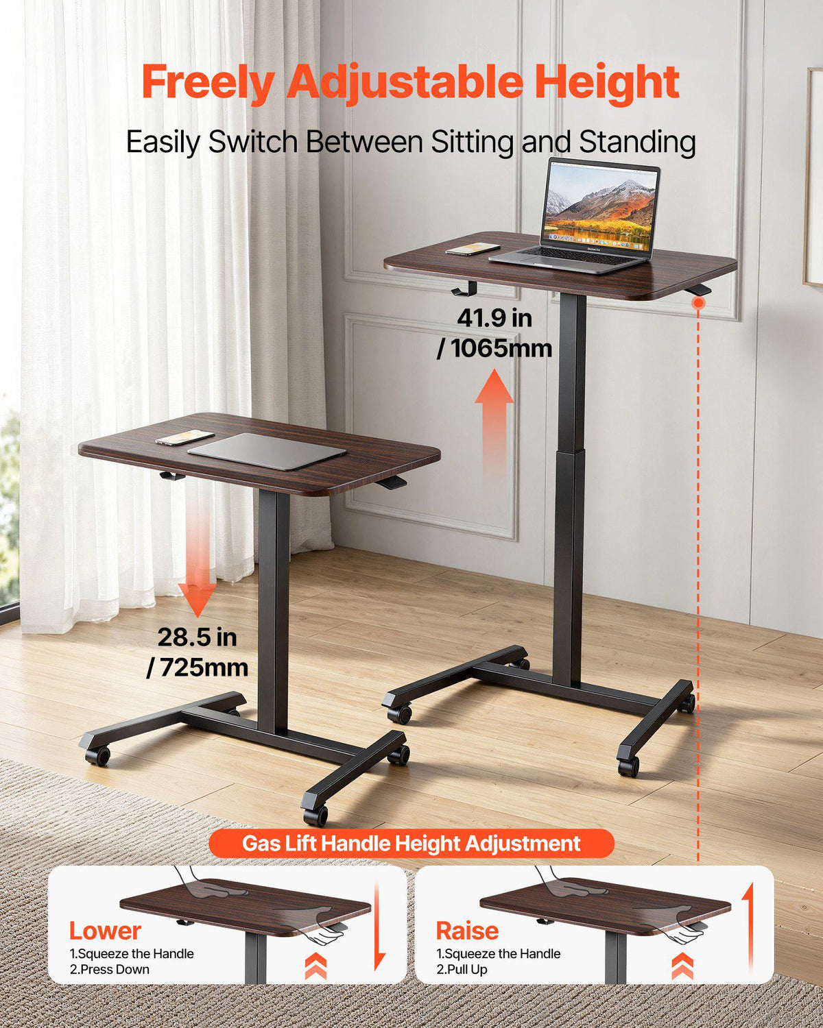 Standing Desk, Adjustable Height Mobile Stand Up Desk with 4 Casters, 25.6 x 19 in Small Computer Sit Stand Rolling Workstation with Hook, 33 lbs Desktop Capacity, Ideal for Home Office, Brown