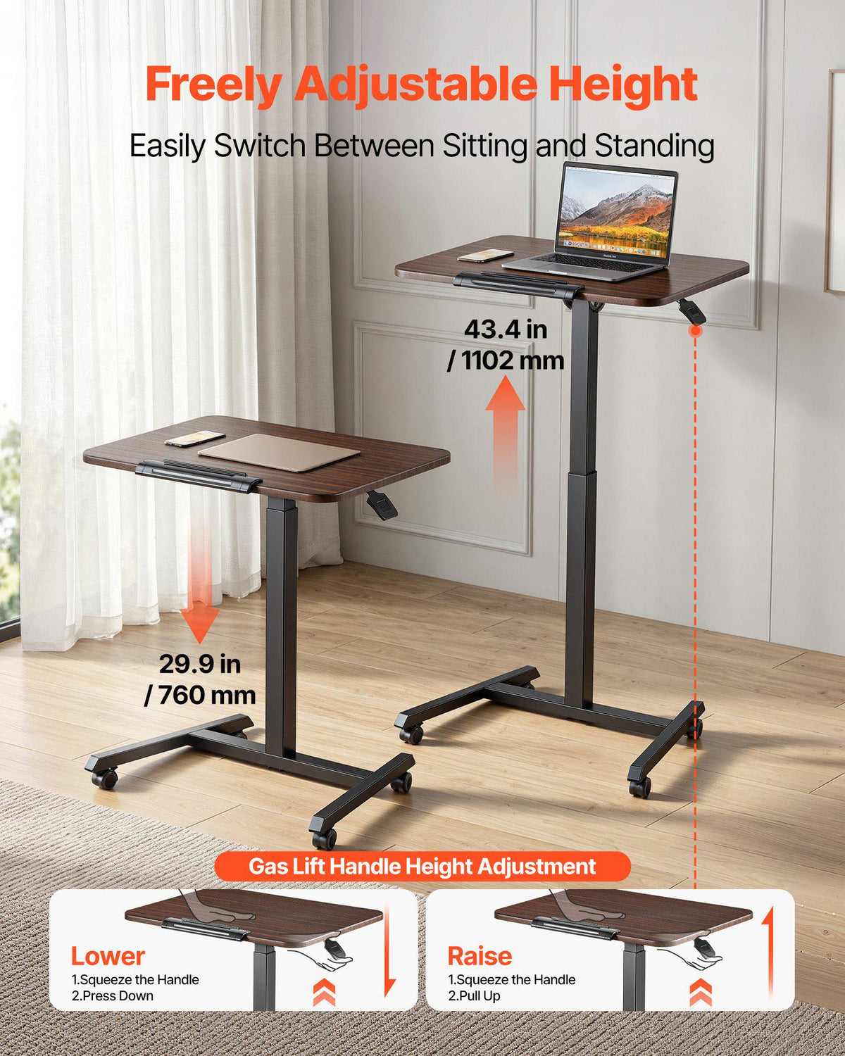 Standing Desk, Adjustable Height Mobile Stand Up Desk with Tilting Desktop, 25.6 x 19 in Small Computer Sit Stand Rolling Workstation with 4 Casters, 33 lbs Capacity, Ideal for Home Office