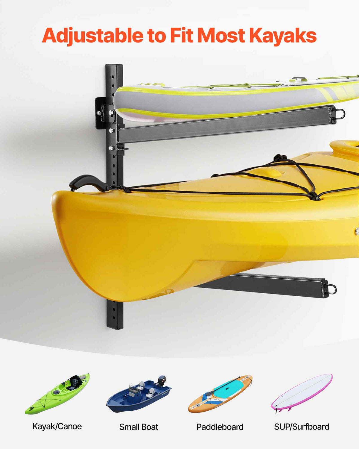 Kayak Storage Rack for 2 Kayaks, Holds 200 lbs, Heavy Duty Adjustable Wall Mount Stand for Indoor Outdoor Garage Shed Dock, Storage Holder for Canoe, Small Boat, SUP, Surfboard & Paddleboard