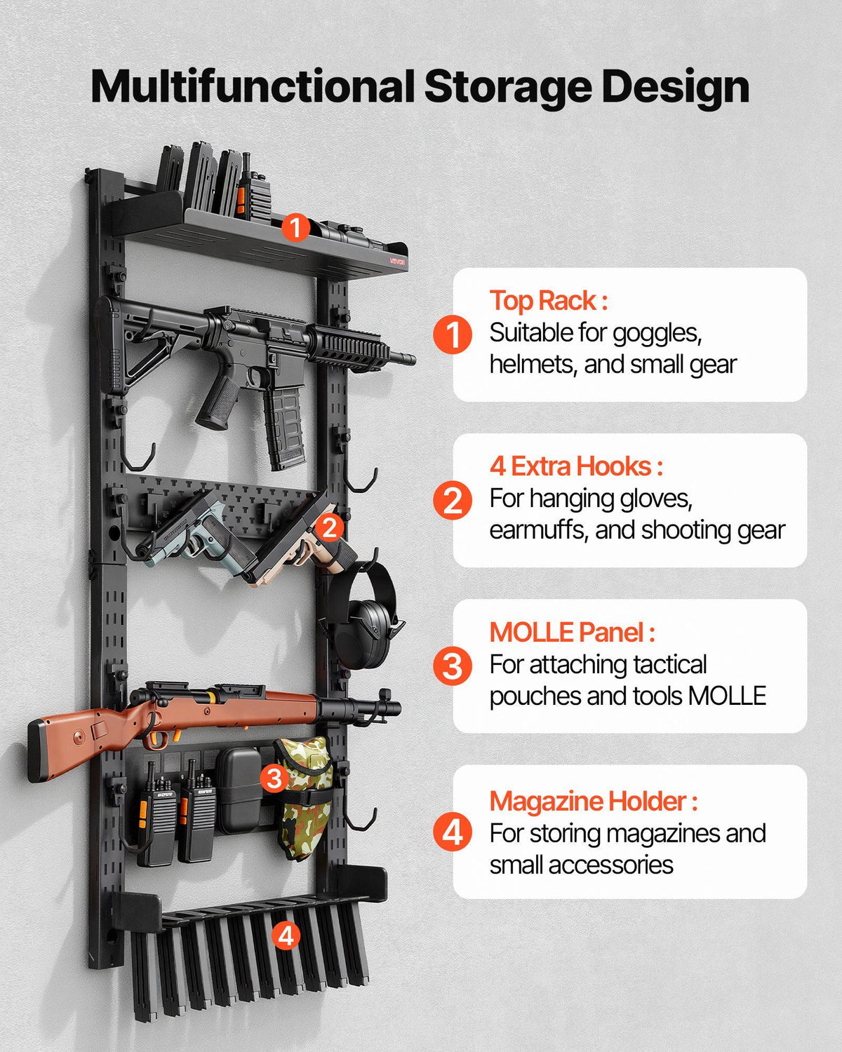 Rack Wall Mount, Heavy Duty Steel, Indoor n Rack with Magazine Holder, MOLLE Panel, Accessories Display Storage Holder, Hold Up to 5