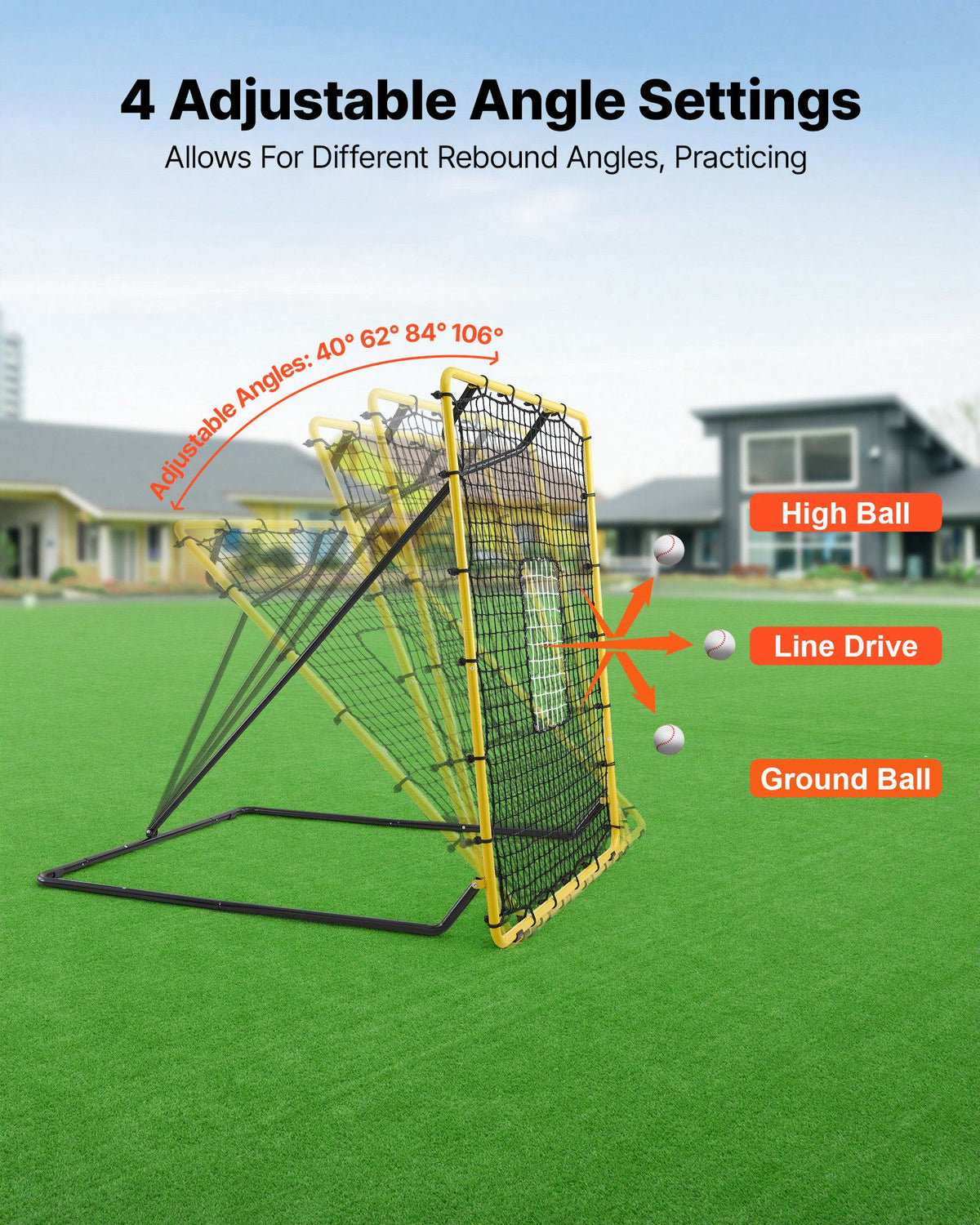 Baseball Softball Rebounder Net 4 x 4.5 ft Pitch Back Trainer Target, 4 Adjustable Angles with Strike Zone, Steel Frame, Bounce Back Net for Pitching & Fielding Training, Return Practice