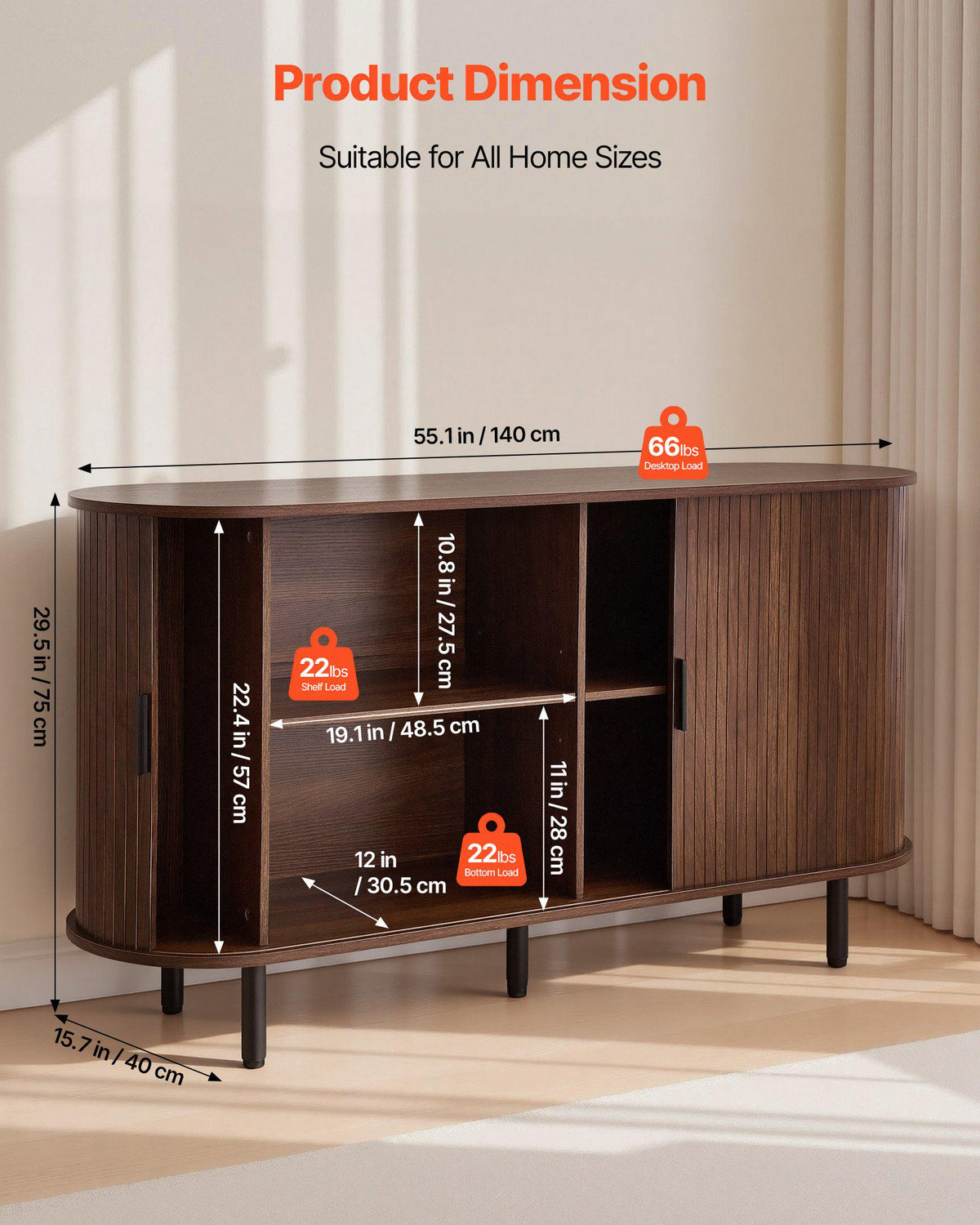 Coffee Bar Cabinet, Mid Century Fluted Coffee Bar Table, Buffet Stand Cabinet with 2 Sliding Doors, Sideboard Buffet Station for Living Room, Entryway, Kitchen, 55.1 x 15.7 x 29.5 in, Walnut