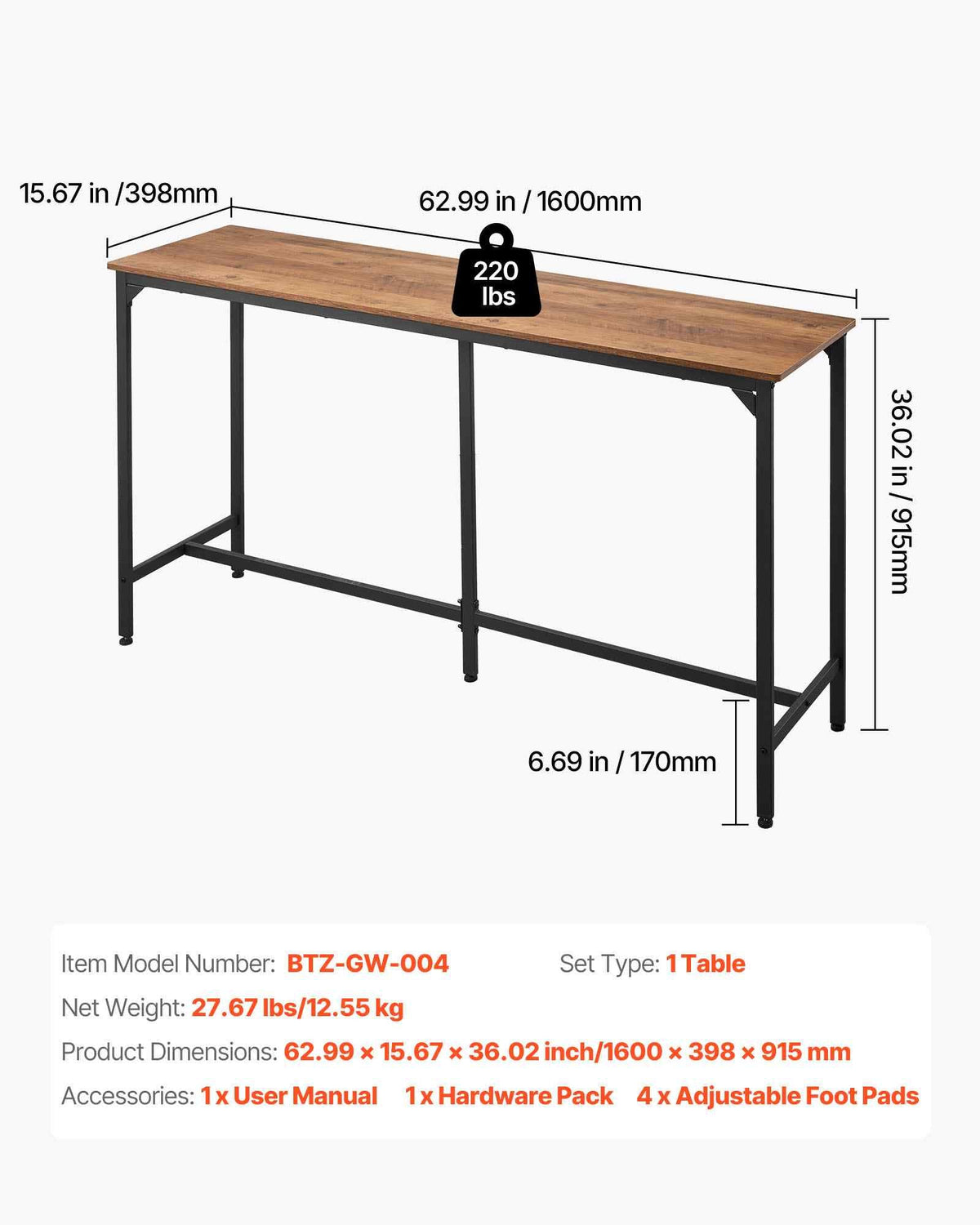 Bar Table, 1PCS 63″ Kitchen Bar Table, Tall Dining Tables with Rounded Edge, Rectangular High Top Kitchen Tables for Balcony, Living Room, Light Brown, Black, Extended Horizontal Design