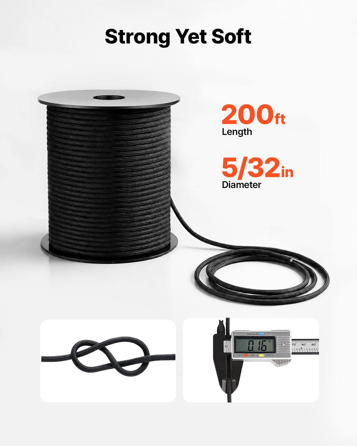 Paracord Rope 5/32 in x 200 ft Nylon Parachute Cord 550 Tactical, Survival Cord, Heavy Duty 7 Strand, 600 lbs High Breaking Strength, Utility Rope, for Outdoor Camping & Bracelets, Black