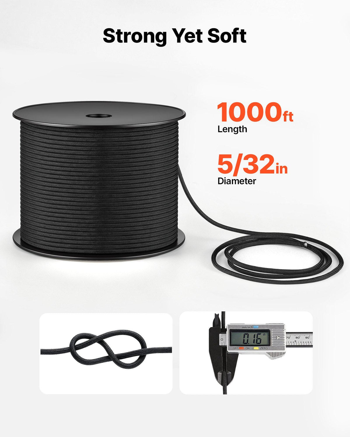 Paracord Rope 5/32 in x 1000 ft Nylon Parachute Cord 550 Tactical, Survival Cord, Heavy Duty 7 Strand, 600 lbs High Breaking Strength, Utility Rope, for Outdoor Camping & Bracelets, Black