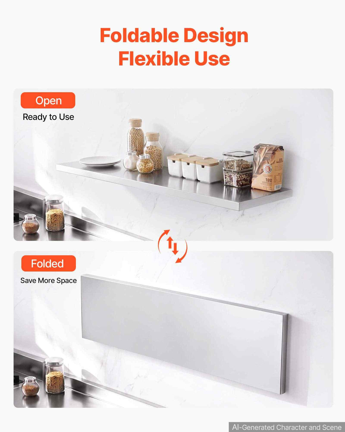 Stainless Steel Shelf 12" x 48" Foldable Wall Mount Floating Shelf, Heavy-Duty Commercial Shelves with Brackets, 300LBS Capacity, Easy to Clean, Suitable for Restaurant, Home Kitchen, Garage