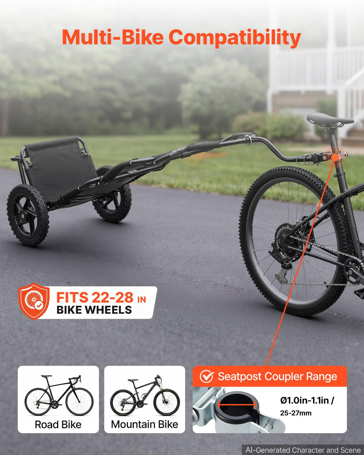 Bike Cargo Trailer 60 lbs Load 3-in-1 Bicycle Wagon Cart Folding, Backpack/Trailer/Pushcart Mode with 12-Inch Wheels, Foldable Carbon Steel Frame, Fits 22-28 in Bike Wheels, for Carrying Cargo