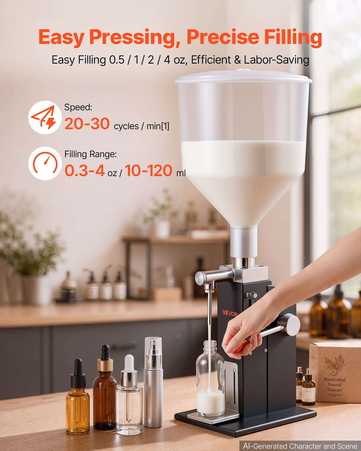 Manual Filling Machine, 10-120 ml, 12 L Hopper, Paste Liquid Filler, for Water, Honey, Oil, Shampoo and Lotion, Anti-Drip Nozzle, Adjustable Bottle Stand, Carbon Steel Body, Effort-Saving Handle