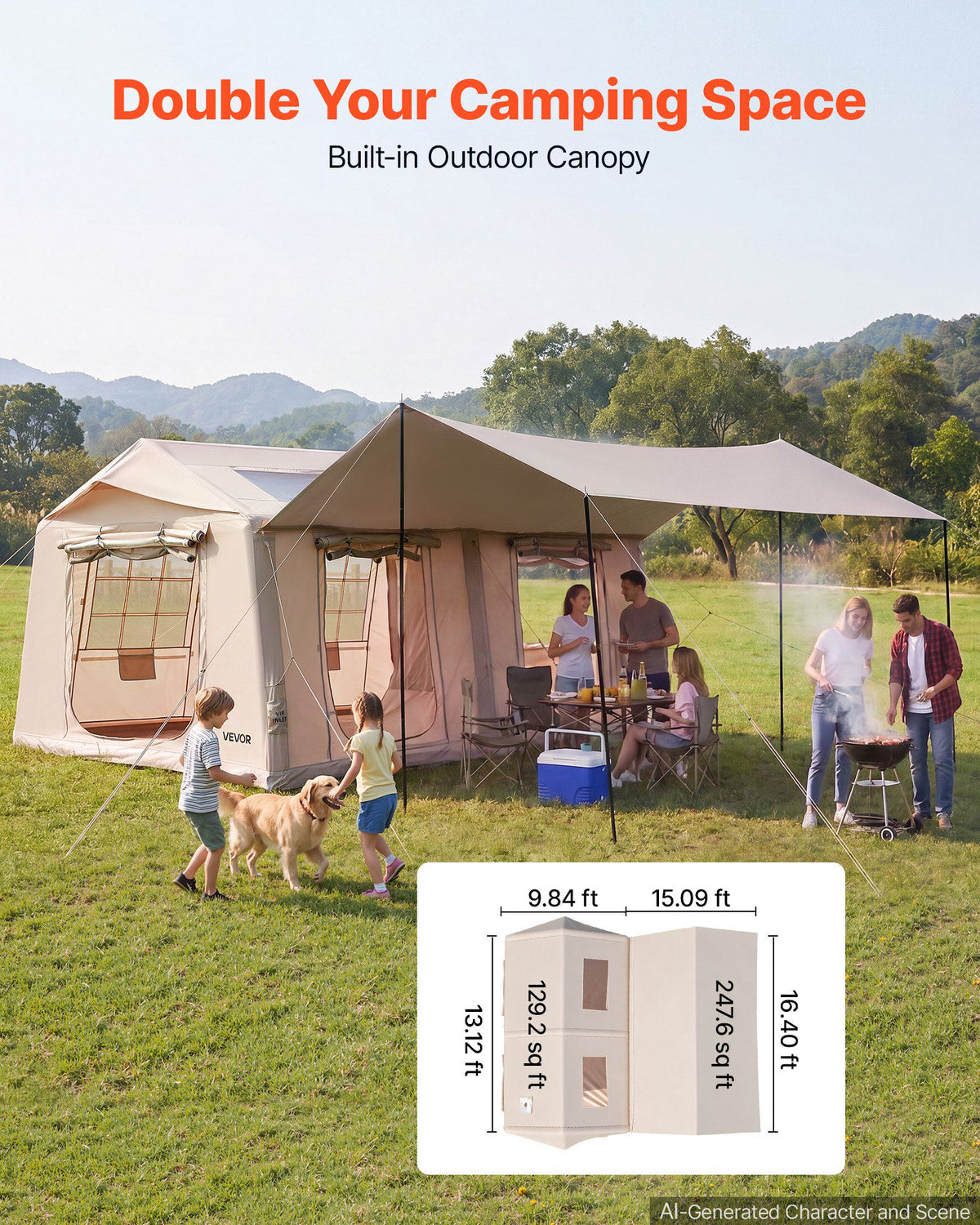 Inflatable Tent for Camping 5-8 Person Blow Up Tent with Pump Beige, for Family Outdoor Glamping, Waterproof 420D Oxford, Easy Setup Air House with Skylight, Canopy, Stove Jack & Mesh Windows