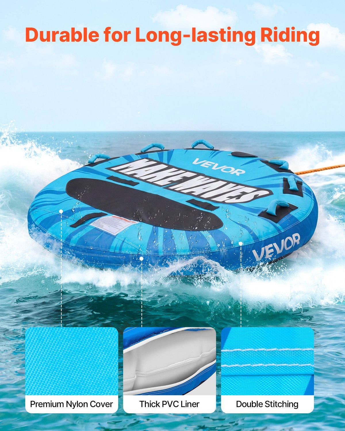Towable Tubes for Boating, 3-Rider Inflatable Boat Tubes and Towables, 510lbs Capacity Water Sport Tube for Boat to Pull - with Anti-Slip Pad, Full Nylon Cover, Padded Handles & Safety Valve