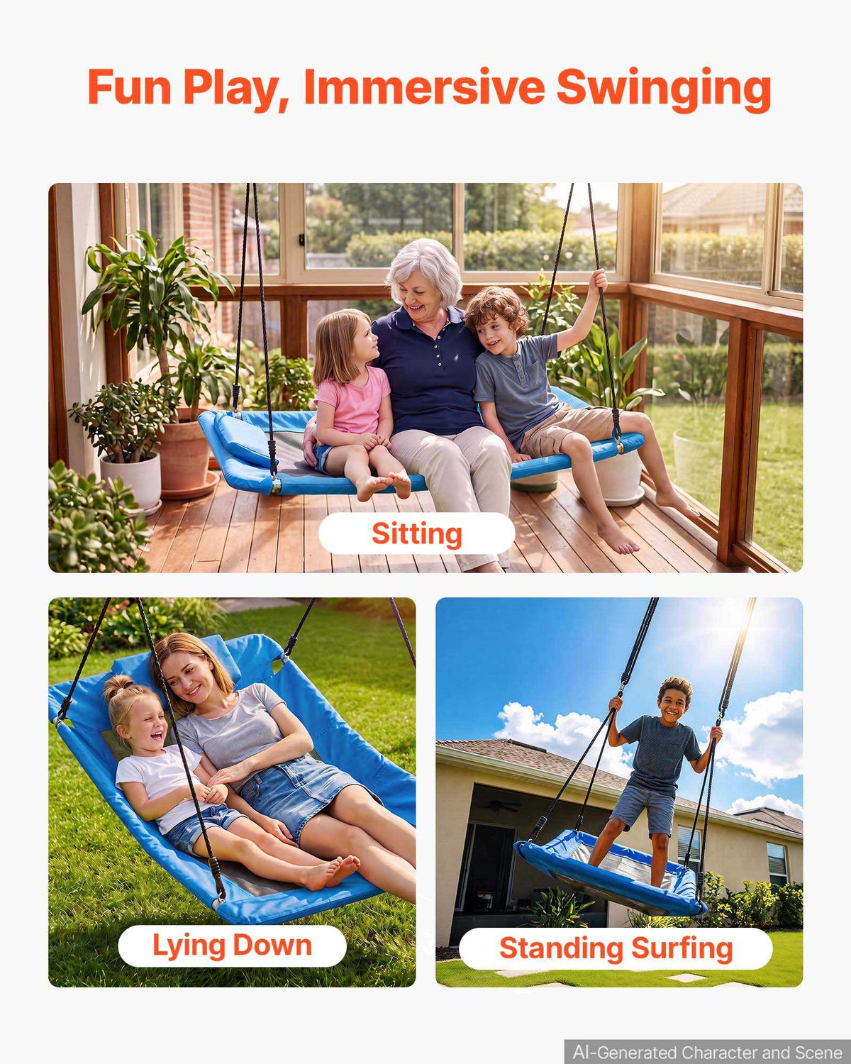 Platform Tree Swing for Kids and Adults 700 lbs 60" Rectangle Blue, for Backyard Outdoor & Indoor, 900D Oxford Fabric Giant Seat with 2 Hanging Straps, Adjustable Ropes and Curved Edge Design