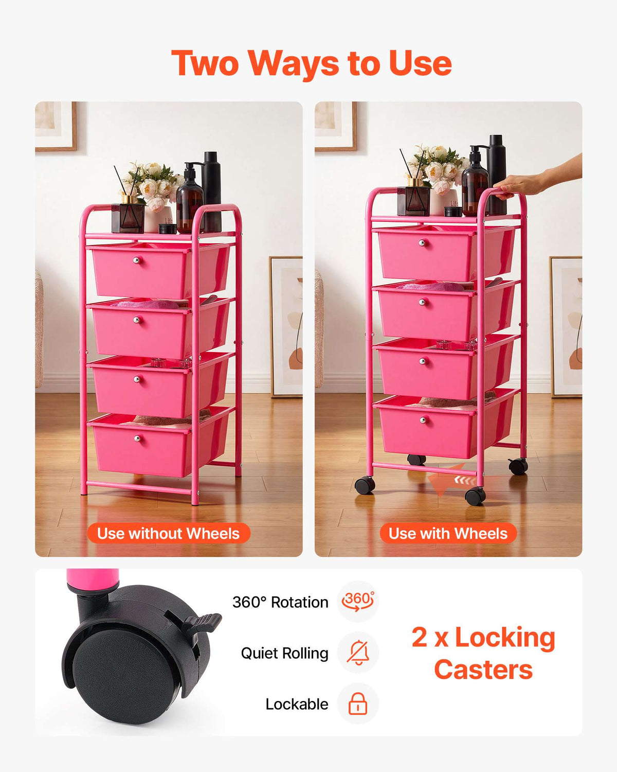 Rolling Cart with Drawers, 4 Drawer Storage Organizer, Mobile Utility Cart with Steel Frame, Universal Casters & 2 Brakes, for Office, Classroom, Craft Tools, Garage, Cleaning Supplies, Rose Red
