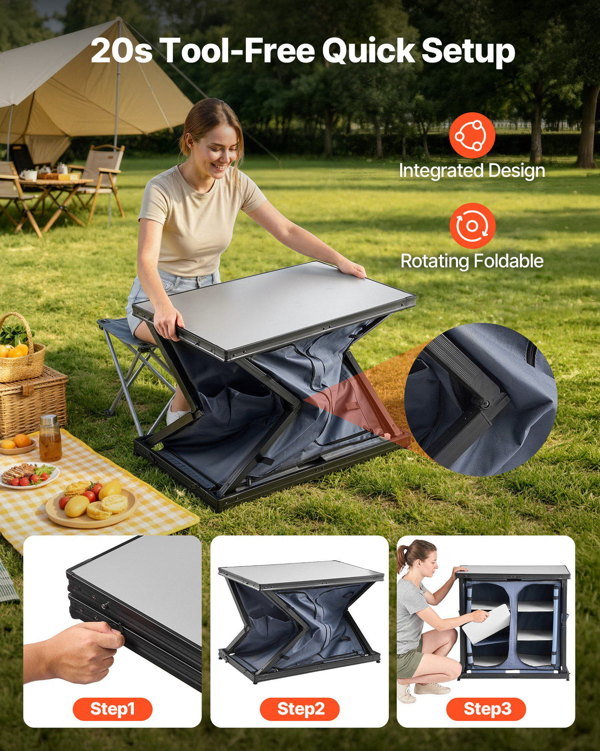 Folding Camping Storage Cabinet, Outdoor Portable Aluminum Lightweight Table, Quick Set-up Compact Kitchen Cook Station, with 6 Shelves and Carry Bag, for Picnic, BBQ, Camping, RV Traveling