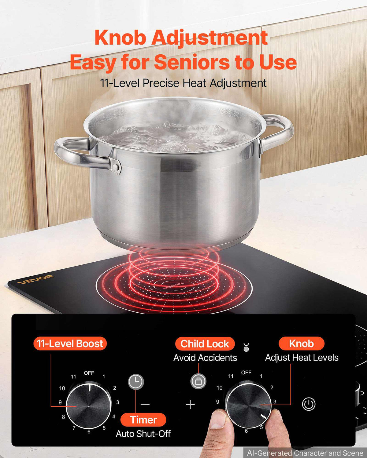 Induction Cooktop 12in 2 Burners Built-in Electric Stove 110V 1800W, Low-Power Continuous Heating, Countertop Induction Burner, 11 Power Levels, Knob Control, Ceramic Glass, and Child Lock