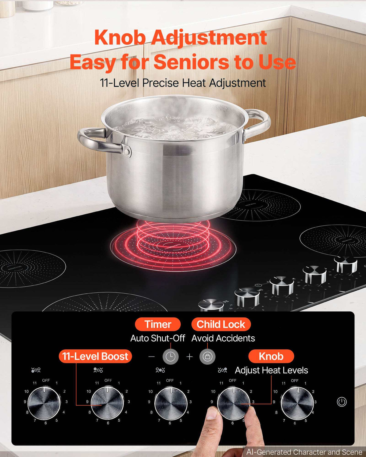 Induction Cooktop 30in 5 Burners Built-in Electric Stove 220V 9200W, Low-Power Continuous Heating, Induction Burner for Kitchen, 11 Power Levels, Knob Control, Ceramic Glass, and Child Lock