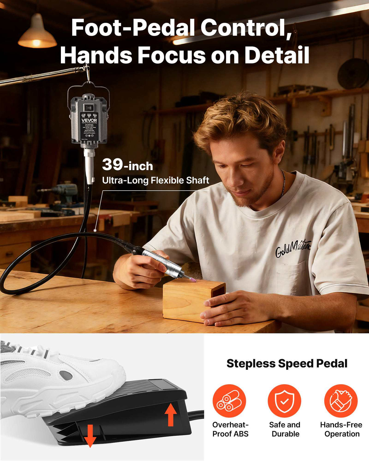 Flex Shaft Grinder, 125W 18000RPM Electric Flex Shaft Rotary Tool, Foot-Pedal Control Hanging Carver Grinder with 112PCS Accessory Kit for Sanding Buffing Polishing Cutting