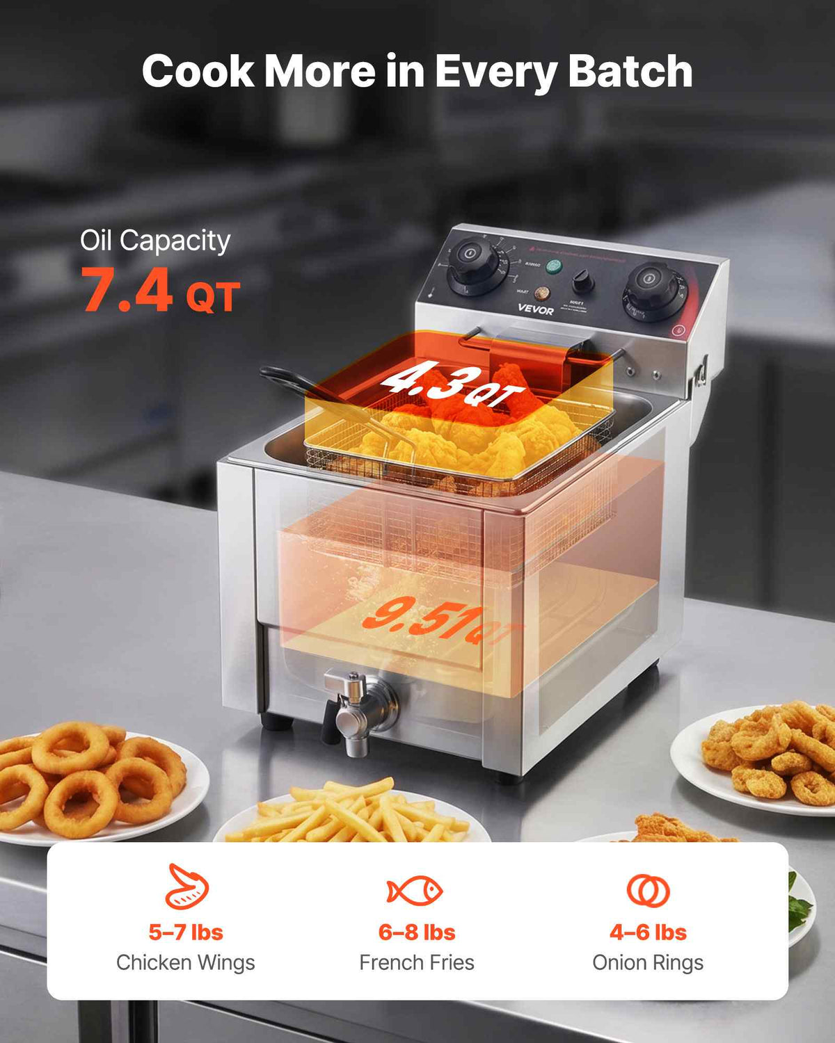 Commercial Electric Deep Fryer, Oil Filtration Upgrade, 9.51 Qt, 1750W Stainless Steel Countertop Fryer with Basket and Lid, Temp Control, Oil Drain Valve for Commercial Restaurant Use, Silver
