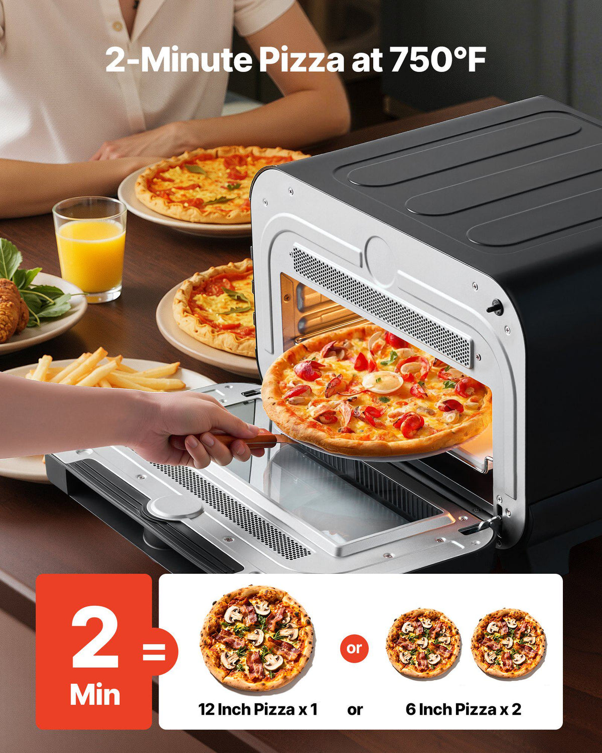 Pizza Oven, 8 Presets Electric Pizza Ovens Air Fry Combo, 12-Inch Indoor Pizza Maker Smart Knob Control , 750°F Max Temp, IPX4 Waterproof Countertop Pizza Cooker w/Pizza Stone,Fry Basket