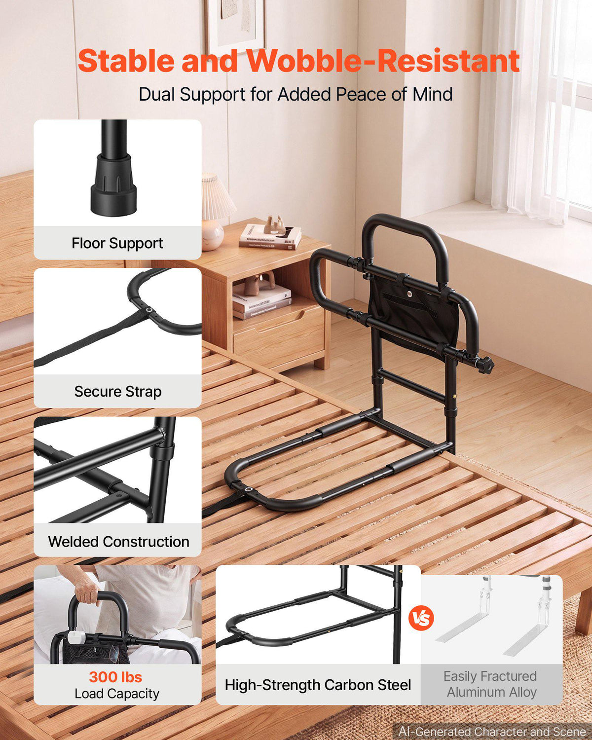 Bed Rails for Elderly Adults Bed Side Assist Rail with Floor Support, Motion Sensor LED Light, 300LBS Dual-Handle Support, Adjustable Handle Length, Storage Pocket, Fits King Queen Full Twin Bed