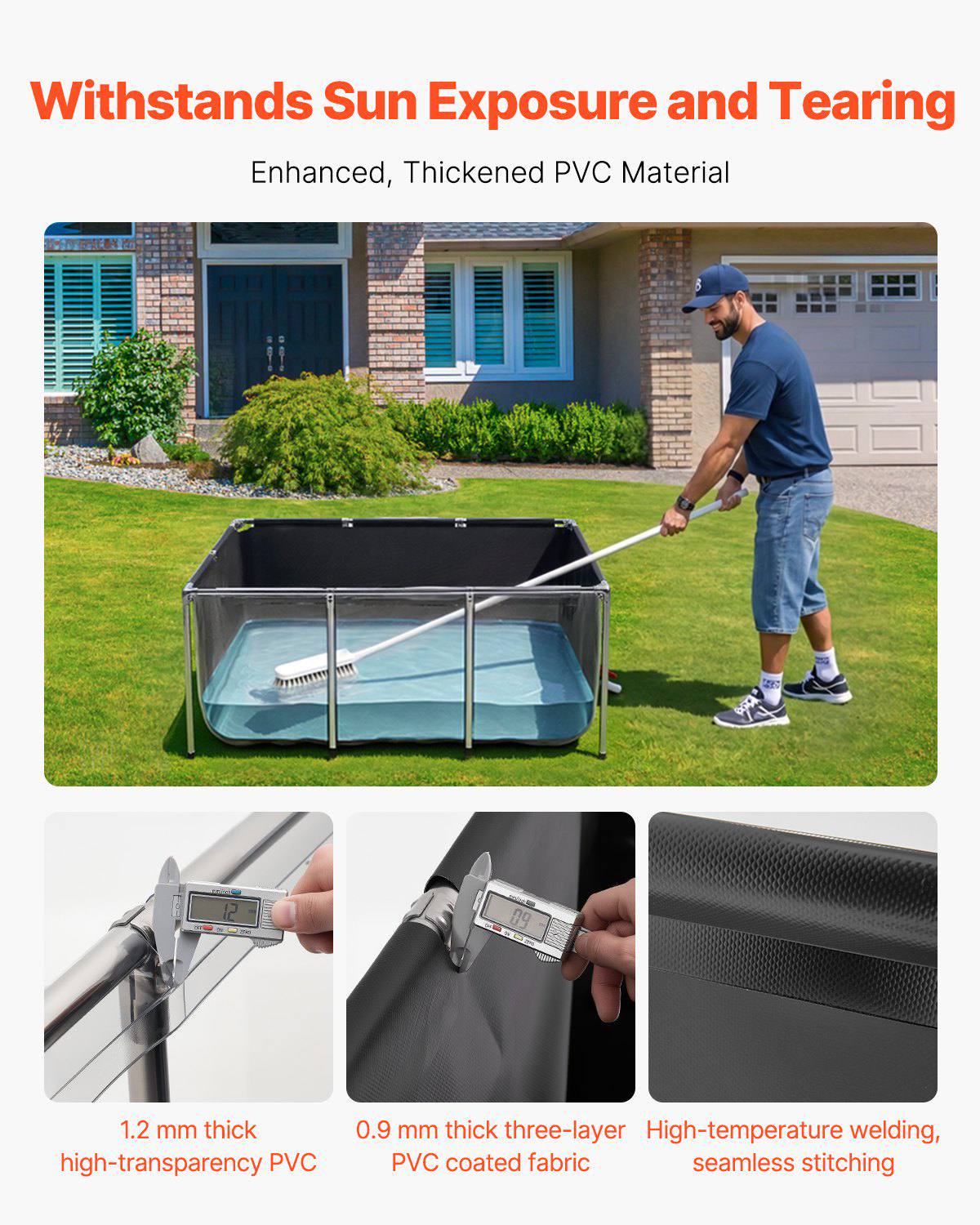 Canvas Fish Pond 200 Gal Above Ground Fish Pond Black PVC Koi Tank, Rectangular Goldfish Tank with Clear Viewing Panel, Stainless Steel Frame and Drain Valve, for Breeding Koi and Irrigation