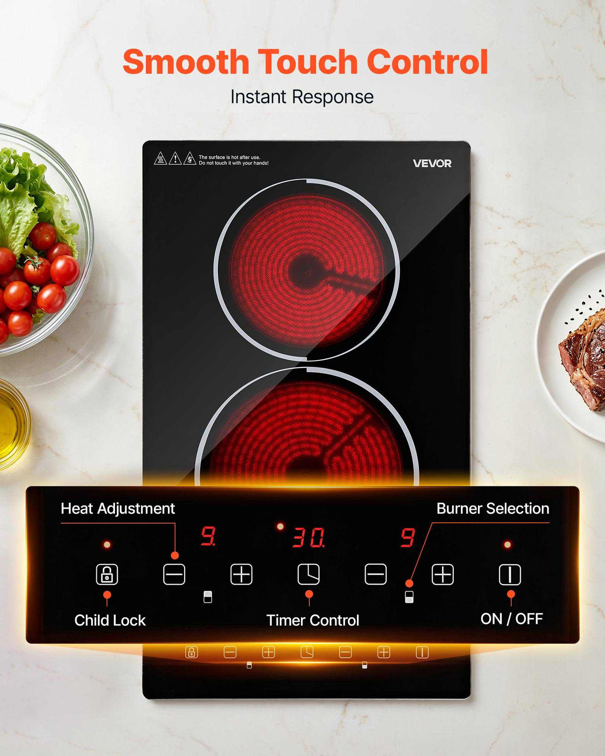Electric Cooktop 12inch 2 Burners Stove Top 3000W 220V No Plug, Ceramic Built-in Radiant Electric Stove, with 9 Power Levels, Timer, Child Lock, Over-Heat Guard, Touch Control