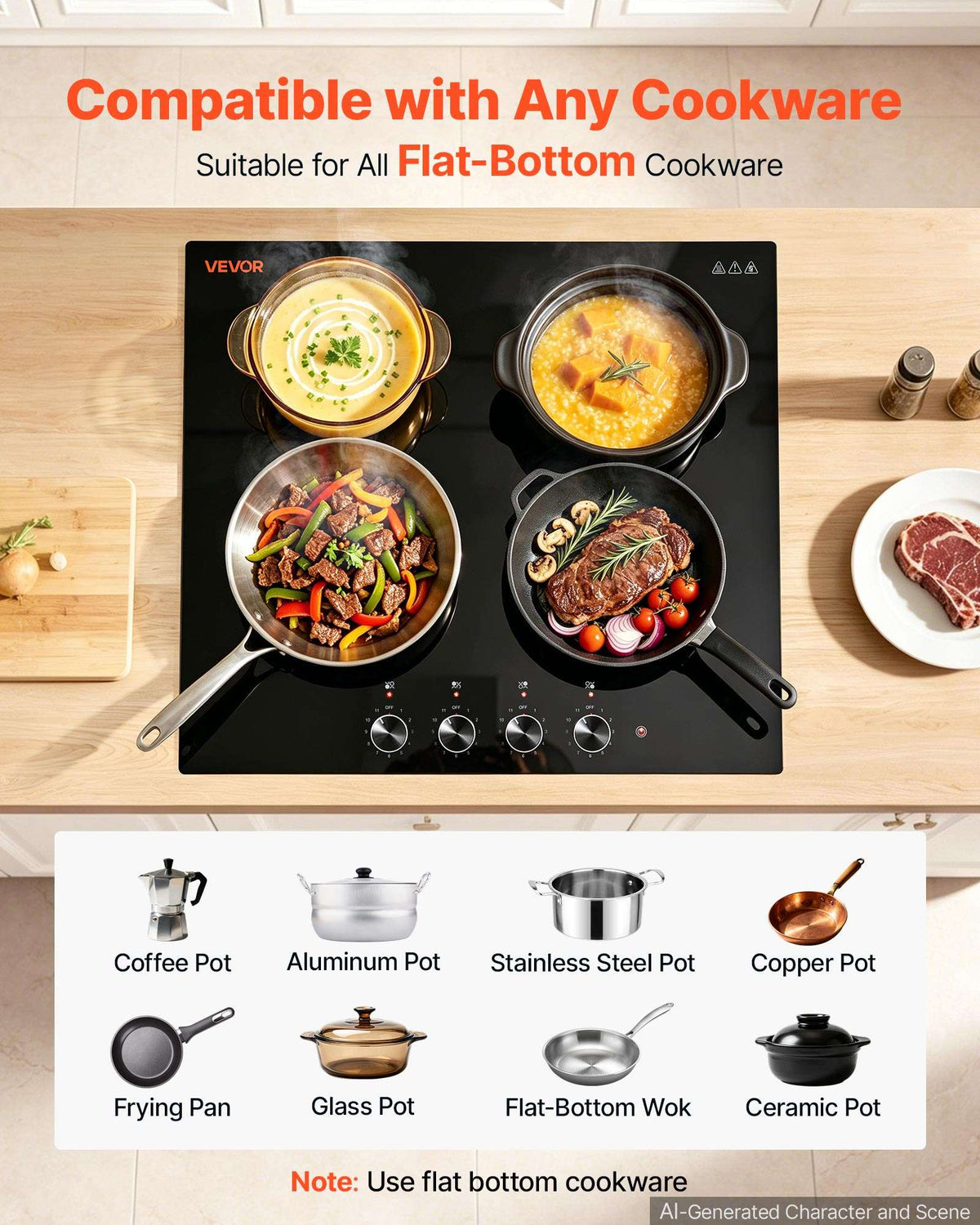 Electric Cooktop 24inch 4 Burners Stove Top 6000W 220V No Plug, Ceramic Built-in Radiant Electric Stove , with 11 Power Levels, Over-Heat Guard, Knob Control, for Diverse Cooking Requirements