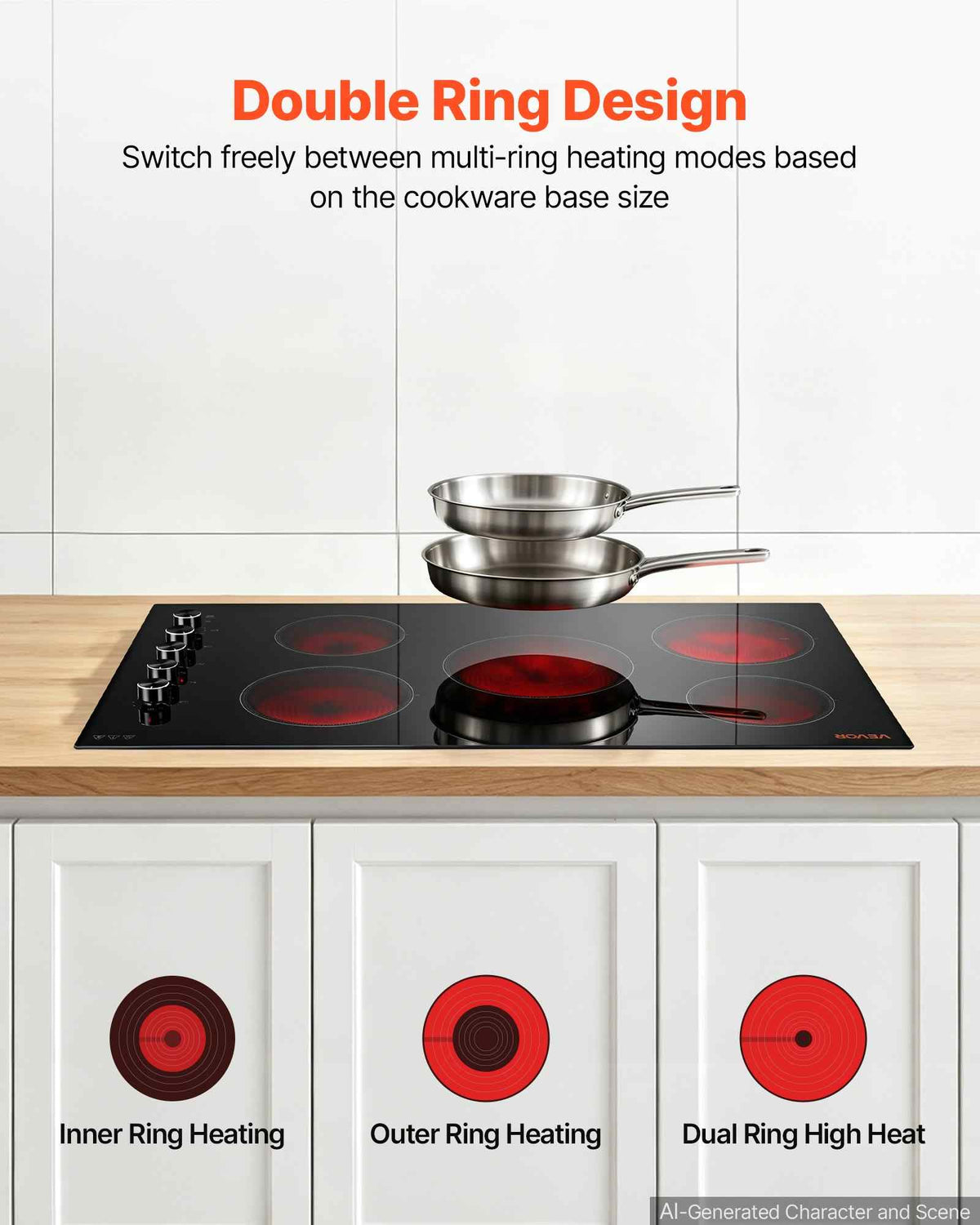 Electric Cooktop 36inch 5 Burners Stove Top 8800W 220V No Plug, Ceramic Built-in Radiant Electric Stove , with 11 Power Levels, Timer, Child Lock, Over-Heat Guard, Knob/Touch Control