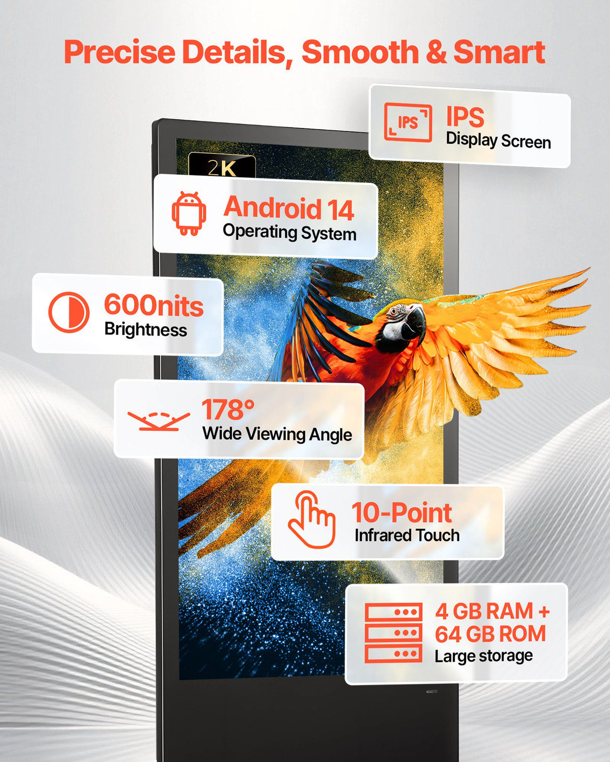 43 in Indoor Digital Signage Floor Standing Advertising Display Kiosk, WiFi HDMI/USB Input Android OS, 178° Wide View, LCD Touchscreen Interactive Monitor, Mobile Commercial Totem Poster