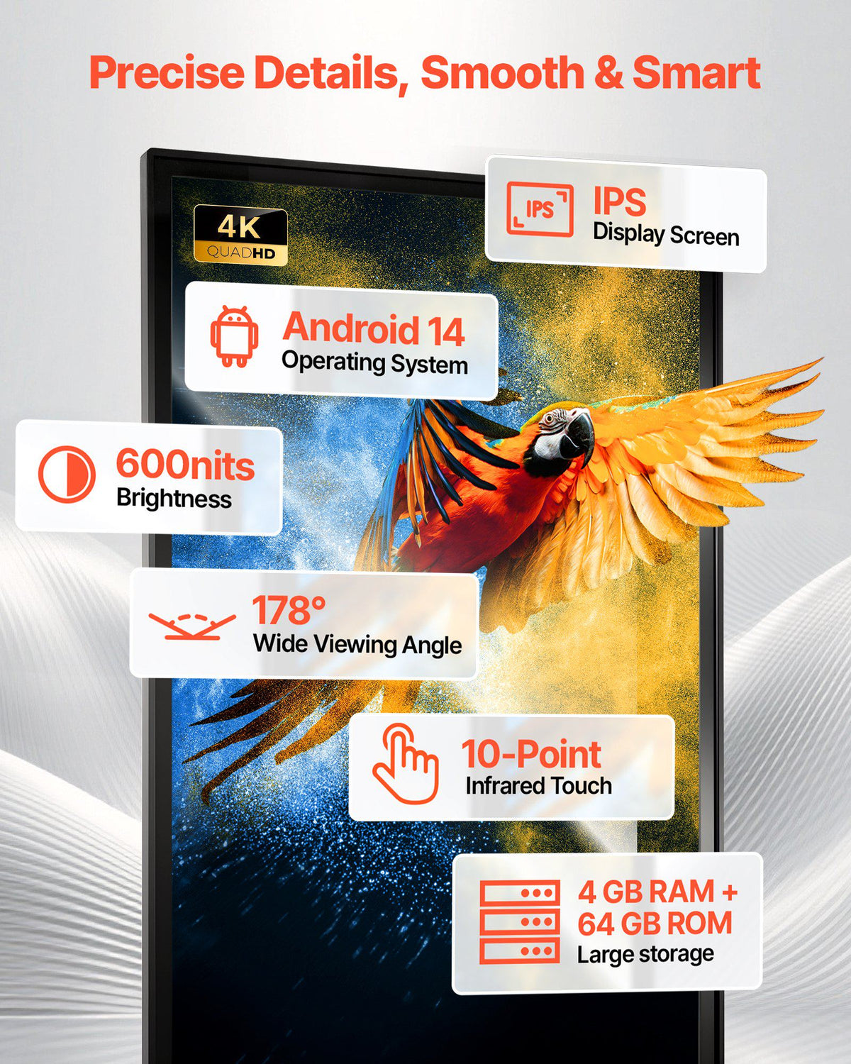 65 in Indoor Digital Signage 4K Floor Stand Advertising Display Kiosk, WiFi HDMI/USB Input Android OS, 178° Wide View, LCD Touchscreen Interactive Monitor, Mobile Commercial Totem Poster