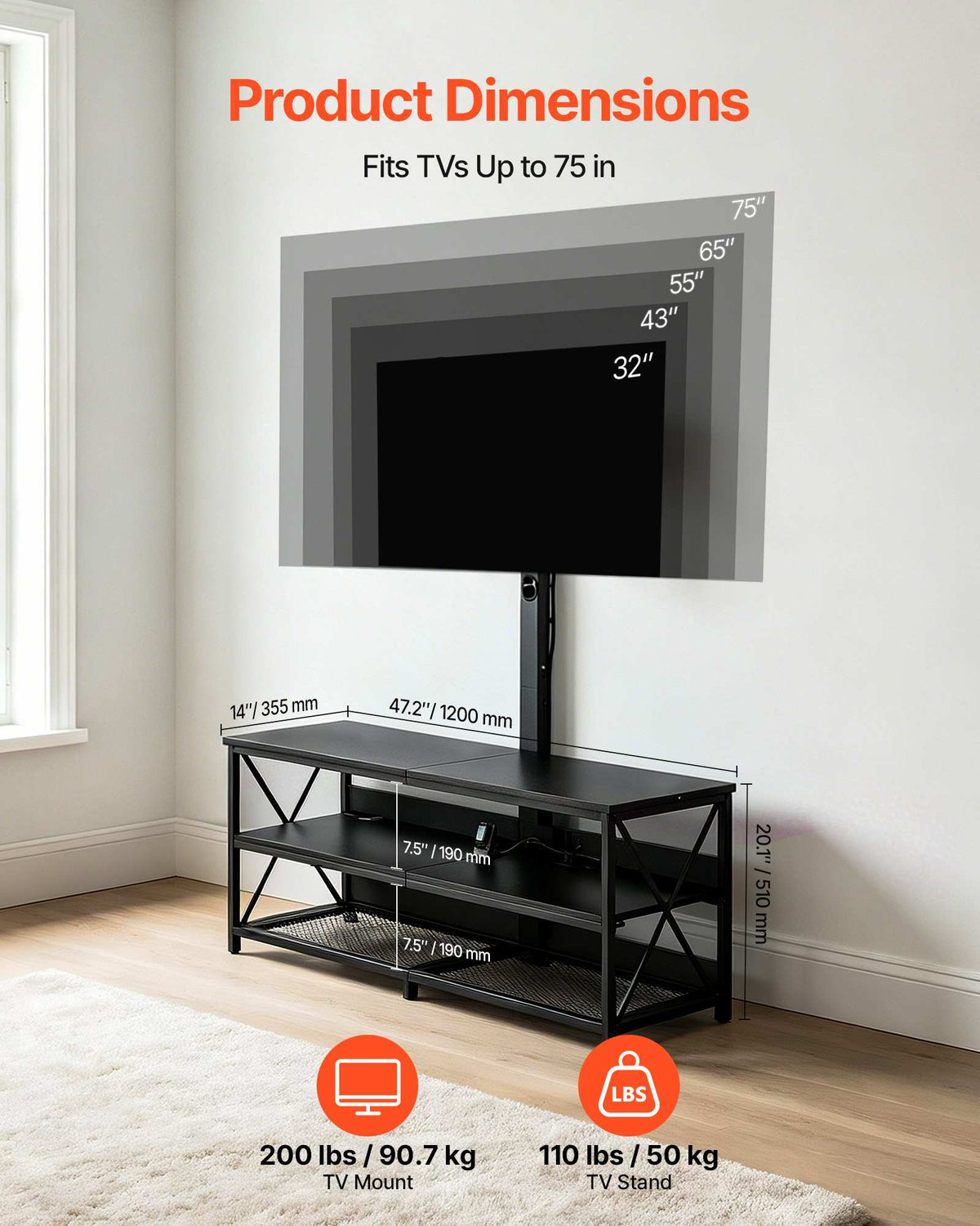 TV Stand with Mount, 47.2 Inch, TV Stand Console with Power Outlet, for 32-75 Inch TVs, Height Adjustable Swivel Entertainment Center with Open Storage Shelf, for Living Room Bedroom, Black