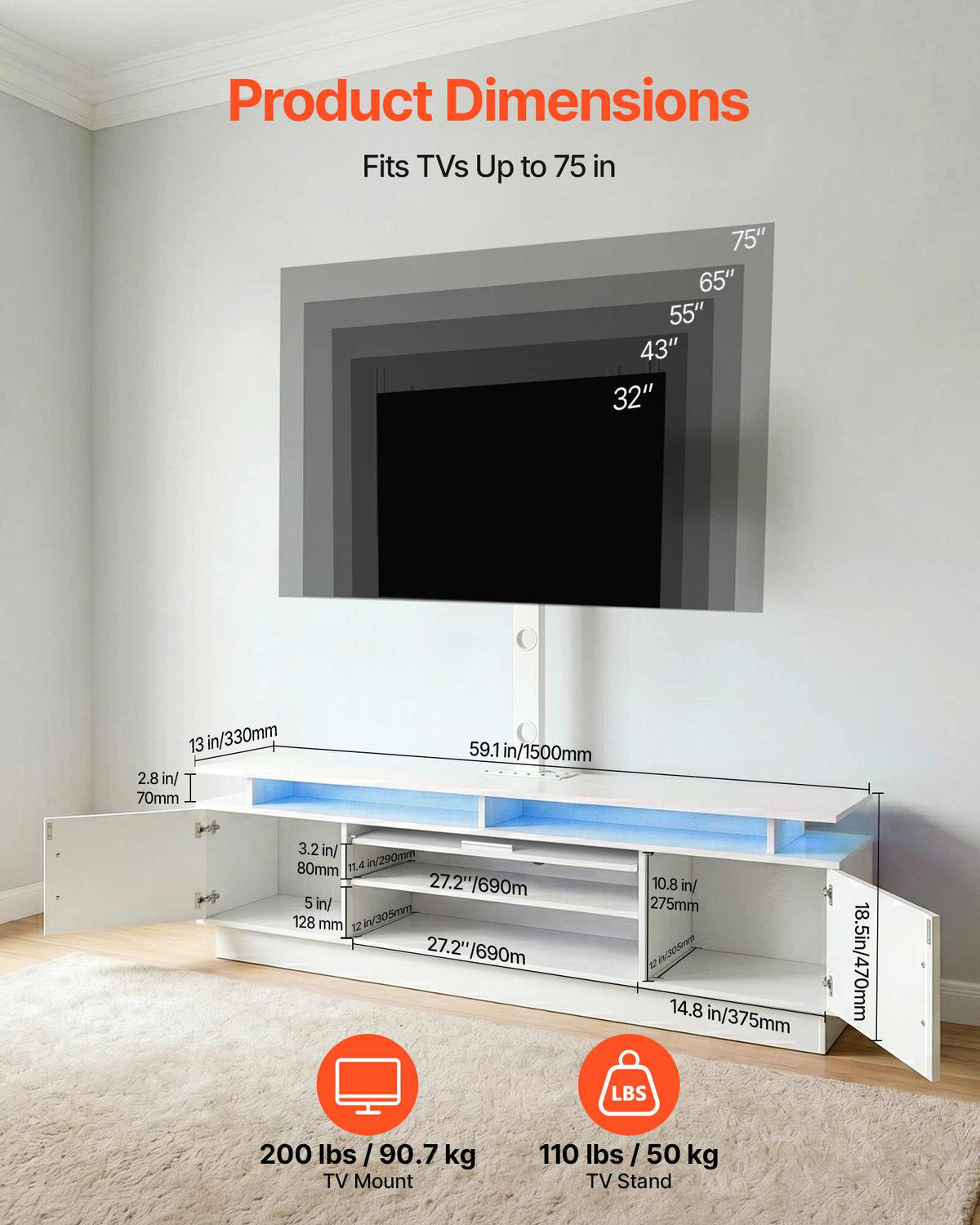 TV Stand with Mount, 59.1 Inch, Swivel TV Stand Console with Power Outlet, for 32-75 Inch TVs, Height Adjustable Modern Entertainment Center with Storage & LED Lights, for Living Room, White