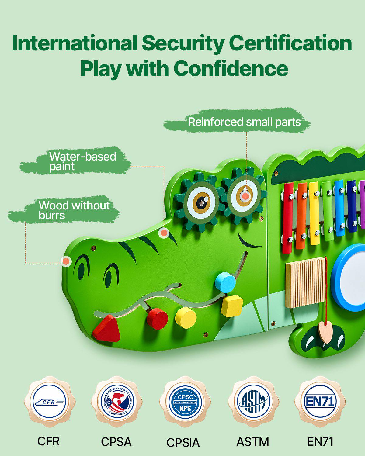 Crocodile Activity Wall Busy Board, 9 Activities, Montessori Sensory Wall Panels Toy for Kids Ages 3-12, Interactive Learning Activity Center, Great for Toddler, Playroom, Nursery, Classroom