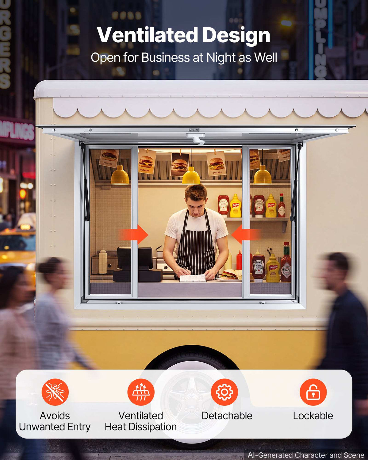 Concession Window 48x36 in Aluminum Alloy Frame Service Window, for Food Truck, Up to 85 Degrees Stand Serving with 4 Sliding Screen Windows, Awning Door and Drag Hook, Rainwater Resistant